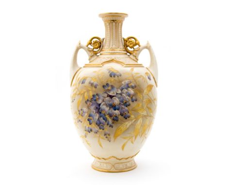 A Royal Worcester Blush Ivory vase, twin handled ovoid form with relief moulded Persian foliate and ogee neck, painted with f