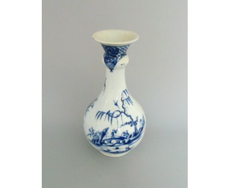 A Worcester blue and white guglet (water bottle), painted with the' Willow Bridge Fisherman' pattern, circa 1765, 25cm highPr