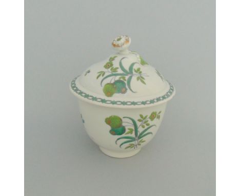 A very rare Worcester sucrier and cover, painted with two tone green flowers and Rosehips with a chain link border, circa 177