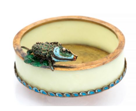 A Chinese silver gilt, enamel and jade dish, circular form, the rim mounted with an articulated fish in green and blue enamel