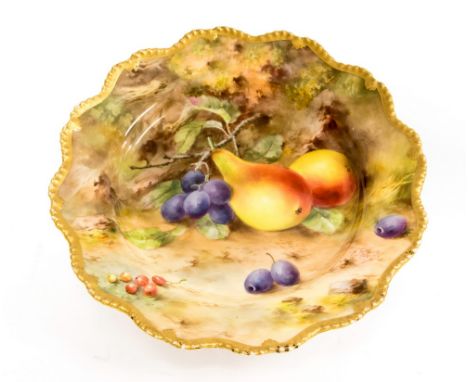A Royal Worcester fruit painted pedestal comport, 1918, by F Roberts, ogee gadrooned rim, decorated with pears and damsons, 2