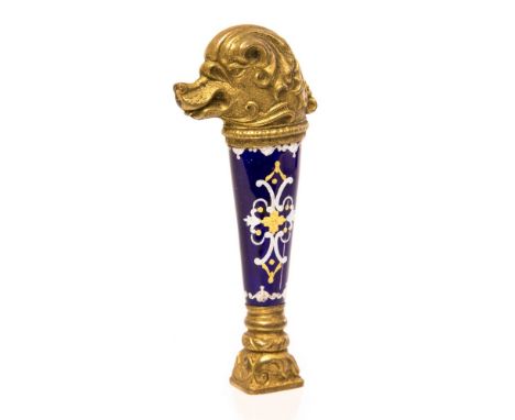 A 19th Century gilt metal dolphin head desk wax seal, blue enamel shaft, height 7cm