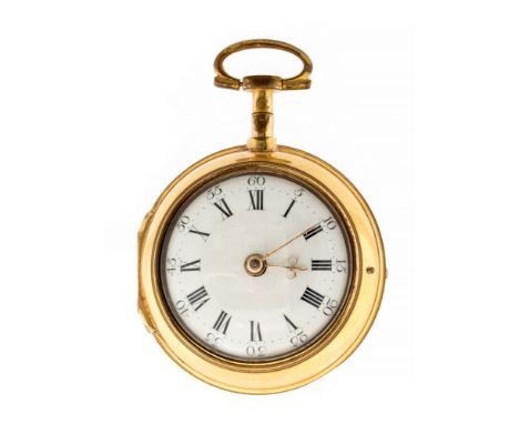 C. Cabrier of London, a circa 1730 pair case pocket watch, 3.5cm white enamel dial with Roman numerals, verge movement No.582