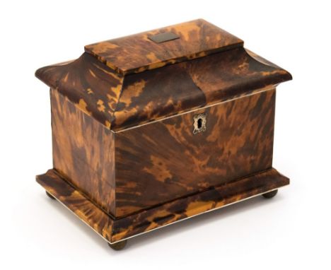 A Regency tortoiseshell tea caddy, circa 1820, of sarcophagus form, twin lidded division interior, metal escutcheon, ivory fi