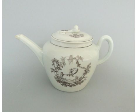 A Worcester tea pot and cover with two printed scenes, circa 1758-60, 20cm (including spout and handle), 13.5cm high (includi