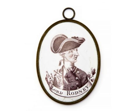 An 18th Century Bilston enamel oval pendant plaque of naval interest, transfer print of Lord Rodney (1718-1792) to one side, 