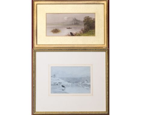 George Jones RA (b.1786), Cattle Grazing, pencil and grey wash, 13cm x 19cm, and another K J Thornton, boat on river at dusk,