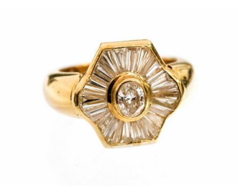 A diamond fancy hexagonal cluster 18ct yellow gold ring, central oval brilliant cut diamond weighing approximately 0.36 carat