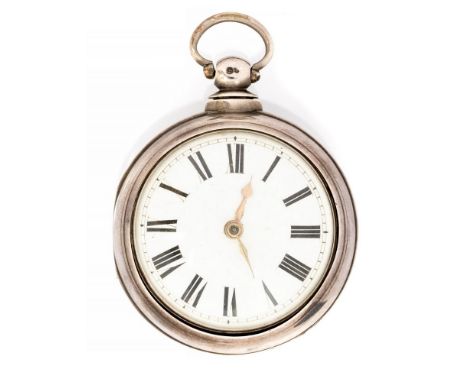 C.P. Simms of Chipping Norton, a Victorian silver pair case pocket watch, 4.5cm white enamel Roman dial, fusee movement No. 4