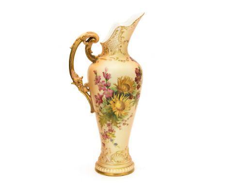 A Royal Worcester blush ivory jug, circa 1890, elongated inverse baluster form with acanthus moulded handle and reticulated r