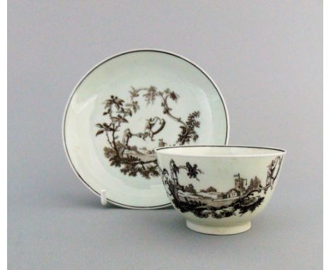 A Worcester tea bowl and saucer, printed after Pillement with 'Les Garcons Chinois', circa 1762, tea bowl 7cm diameter,  4.5c