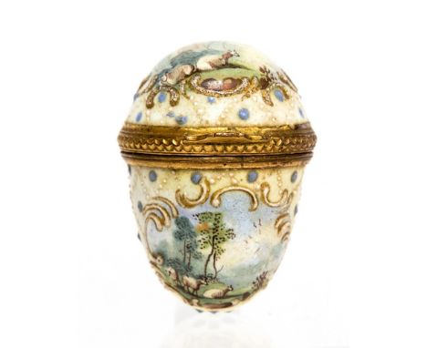 An 18th Century enamel vessel of egg shape, decorated with panels of pastoral scenes, raised enamel cartouche borders, height