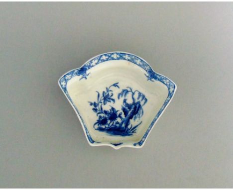 A Worcester blue and white Hors d'Oeuvre dish, decorated with a painted 'Willow Rock Bird' pattern, circa 1760-62  crescent m