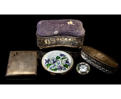 An Edwardian silver ring box, pin cushion hinged cover, Chester 1908, a silver and enamel powder compact, a silver pocket cig