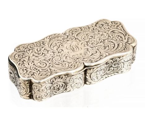 An early Victorian Nathaniel Mills silver table snuff box, of serpentine form, bright cut engraved scrollwork, gilt interior,