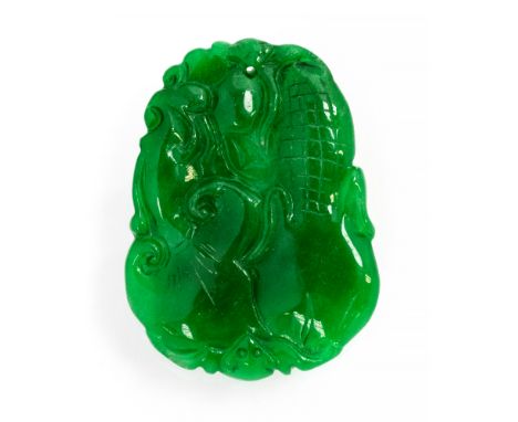 A Chinese green jade pendant, flat disc form, with peach, gourd leaves and bat, 5.5cm long