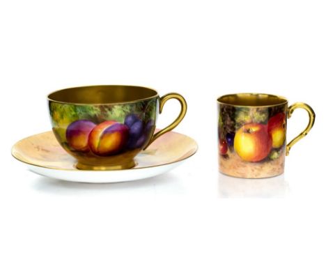 A Royal Worcester fruit painted tea cup, saucer and coffee can trio, fruit painting by Moseley, W. Bee and J. Freeman (3)