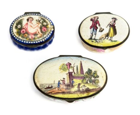 An 18th Century Bilston type enamel oval patch box, circa 1780, the cover with an overpainted transfer of figures in a classi