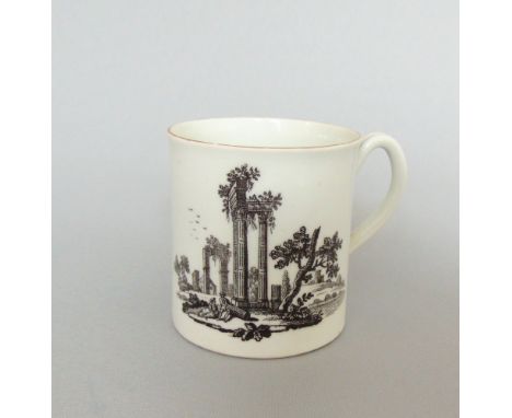 A  small Worcester mug, printed with two scenes  of  ruins, circa 1765, 6cm high, 5.6cm diameterProvenance: The Roy Pinson Co