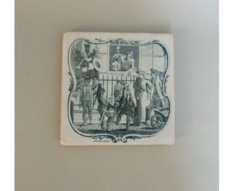 A rare signed Liverpool delft tile, printed with child actors begging and street sellers, printed J Sadler Liverpool, circa  