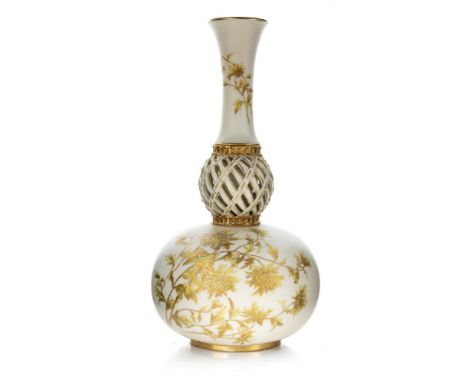 A Royal Worcester blush ivory double gourd vase with pierced detail gilt floral painting, puce marks 1158, 27cm high 