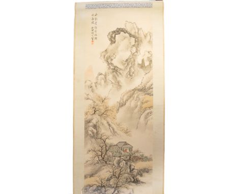 A Chinese scroll painting, 20th Century, mountain landscape, character marks and seal, on fabric scroll