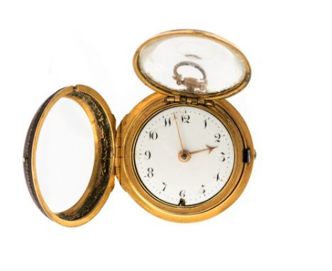 Thomas Harris of London, a Georgian pair case gilt metal pocket watch, the outer case of polished leather with dot pique, 3.5