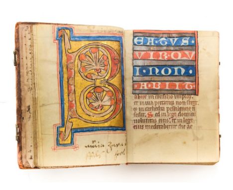 Medieval illuminated manuscript Psalter or Book of Hours in Latin with gothic book-hand on animal parchment. Single column, 1