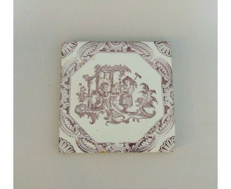 A Liverpool delft tile, printed after Sadler, puce print of a girl and boy gardeners, circa 1757, 12.7 by 12.7cmProvenance:  
