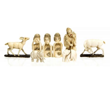 Six antique ivory miniatures, to include a man with a sweeping brush (signed), a triple Geisha group and animals (6)