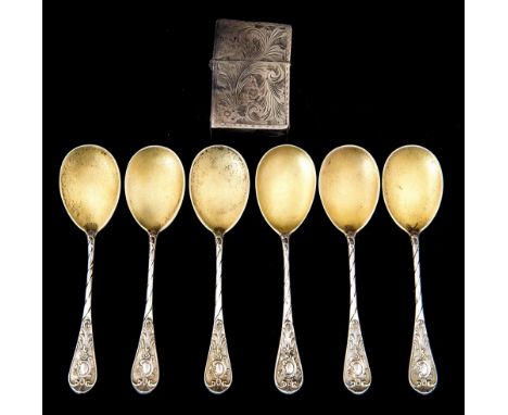 A set of six German silver spoons, cast Rococo scroll finials and gilt bowls, stamped 800 standard; together with a engraved 