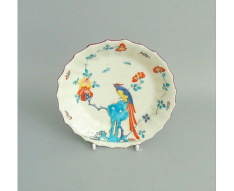 A  Sir Joshua Reynolds Worcester faceted shallow dish, painted Oriental flowers and a bird, circa 1760, fret mark,  13.5cm di