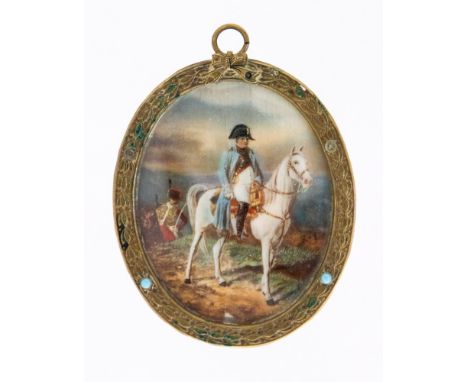 A 19th Century French oval portrait miniature on ivory of Napoleon on horseback and soldiers, signed Roy lower right, in a gi