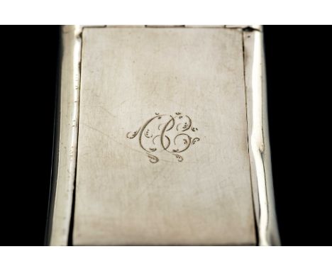A George III silver snuff box, of curved rectangular form, plain body, the hinged cover engraved with initials, gilt interior