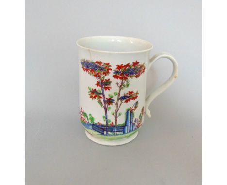 A large Worcester mug, Plantation Pattern with overglaze decoration, circa 1760, workman's mark, 15cm high,  11cm diameterPro