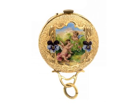A late 19th Century ladies 18kt gold pendant fob watch, 2.5cm bright cut engraved casework incorporating an enamel cartouche 