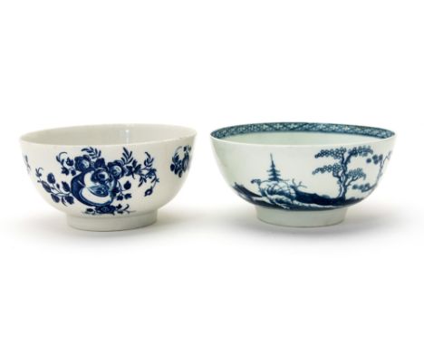 A Worcester porcelain blue and white bowl, Fruit pattern, together with another Chinese garden and pagoda bowl, crescent mark