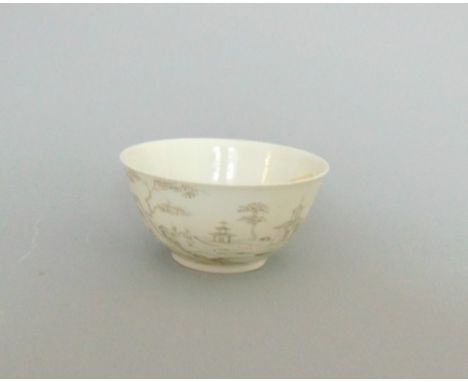 A rare Worcester tea bowl, with pencilled scene of Chinese pagodas, circa 1756, 7.7cm diameter, 4.5cm highProvenance: the Roy