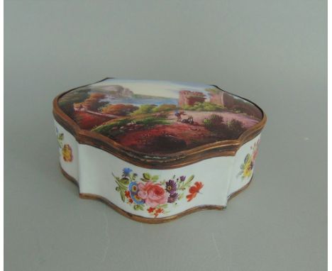 A  large South Staffordshire Bilston enamel heart shaped box, river and castle scene, inside floral decoration, circa 1790, 1