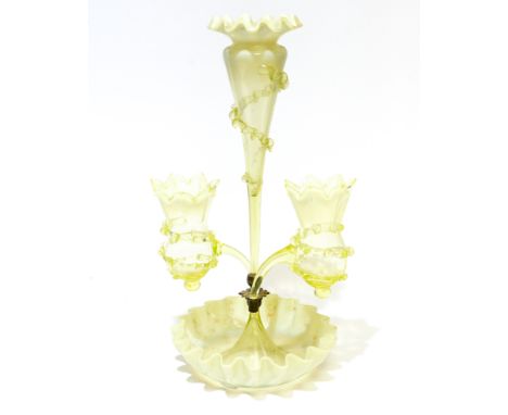 A Victorian straw opal glass epergne, crimped rims with applied rigaree banding, two arm vases and a central vase, 47cm high