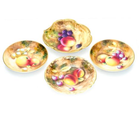 Four Royal Worcester fruit painted small occasional butter and bon bon dishes, painted by Mosely and another artist(4)
