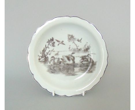 A Worcester finger bowl stand, black printed with a rare river scene, R Hancock of swans ducks and heron, circa 1760,   14.5c