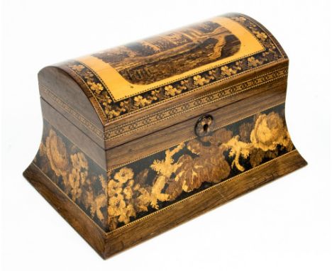 A 19th Century Tunbridge ware tea caddy, of outswept form, the top depicting a castle, twin division lidded interior, geometr