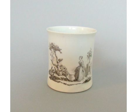 A small Worcester mug with black printed scene of 'The Bagpiper' and a lady, circa 1754, scratched  cross mark, 6cm high,  5.