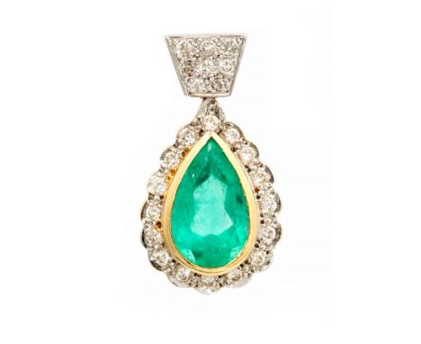 An emerald and diamond pear shaped cluster 18ct yellow and white gold drop pendant with diamond set bale, the centre emerald 