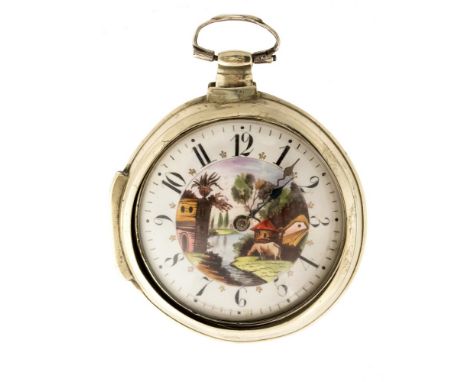 Thomas Whitt of London, a Georgian white metal pair case pocket watch, 4cm white enamel dial with a a central farmyard scene,