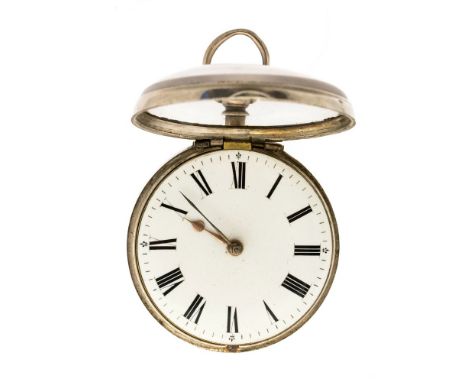 T. Drayton of Chard, a Georgian silver pair case pocket watch, 5cm white enamel Roman dial, fusee movement No.36037, (lacking