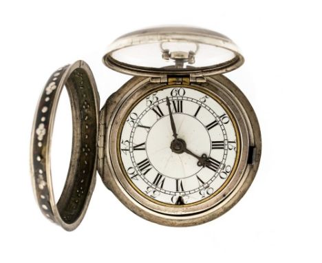 Barnet of London, a George II silver pair case pocket watch, 3.5cm white enamel dial, fusee movement No.1365, baluster pillar