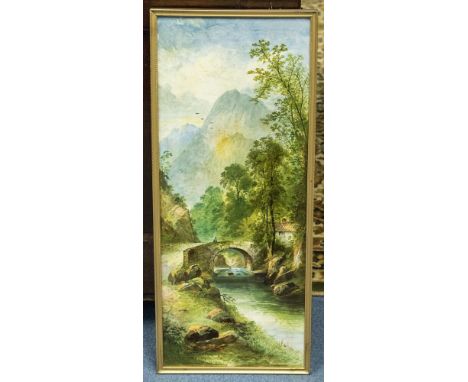 W. Yale for Copeland, a hand painted ceramic tile or plaque, decorated with a mountainous river landscape with figure on a br