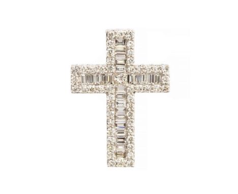 A diamond full set 18ct white gold cross pendant, central princess cut diamond, a surround of twenty-five baguette diamonds a